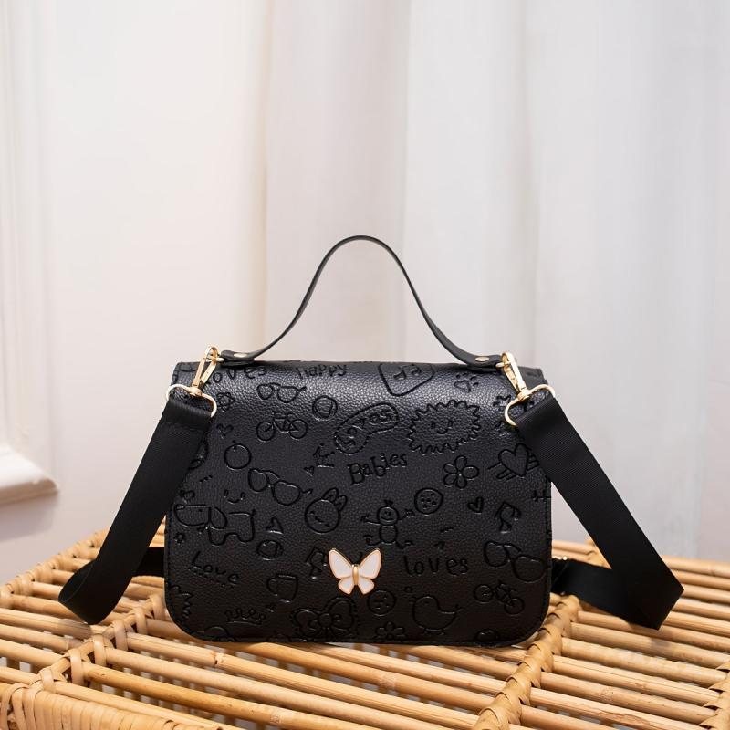 Embossed Square Handbag Bow Decor Flap Shoulder Bag