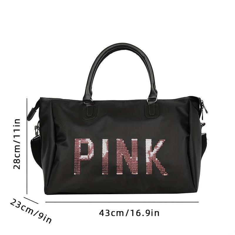 Letter Sequins Decor Sports Bag Zipper Portable Luggage Bag