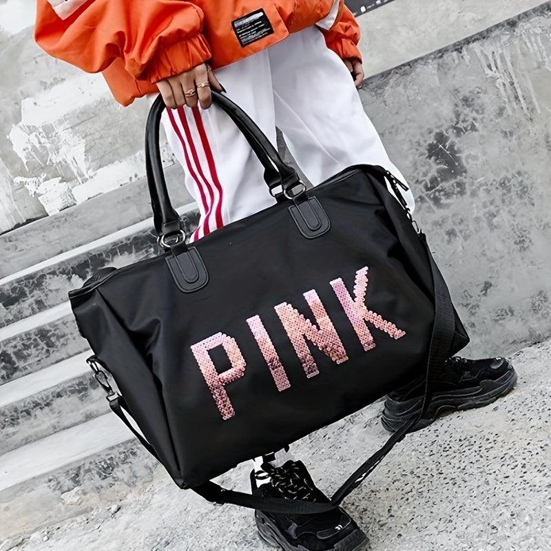 Letter Sequins Decor Sports Bag Zipper Portable Luggage Bag