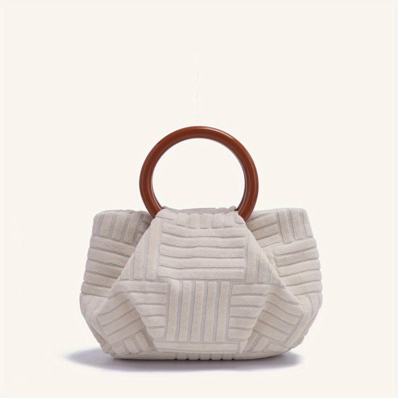 Mini Striped Round Handle Clutch Bag Lightweight Satchel Handbag