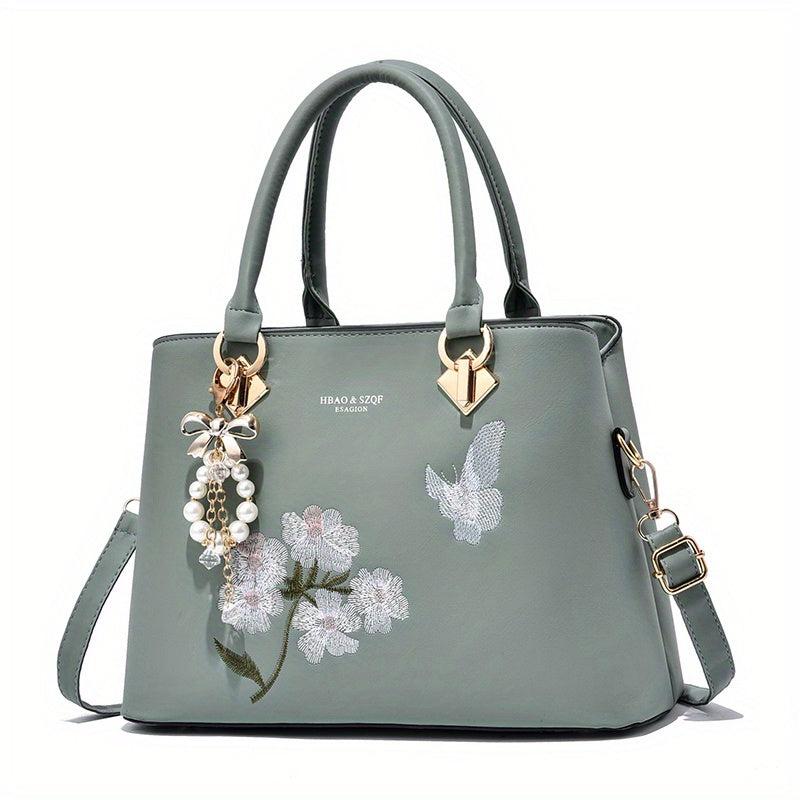 Flower Embroidered Handbag PU Crossbody Bag Women's Satchel