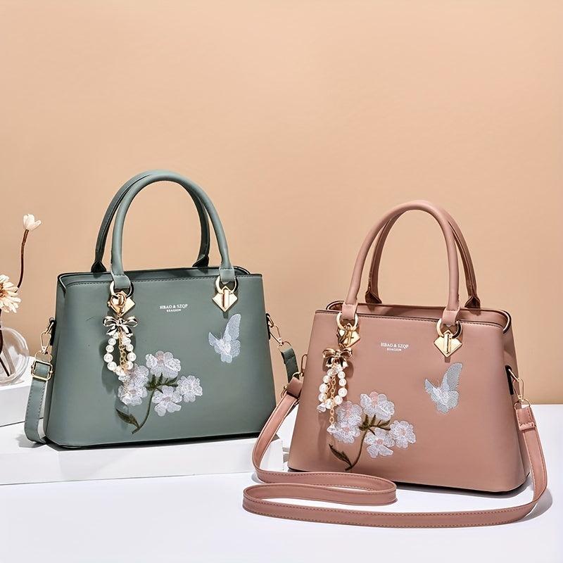 Flower Embroidered Handbag PU Crossbody Bag Women's Satchel