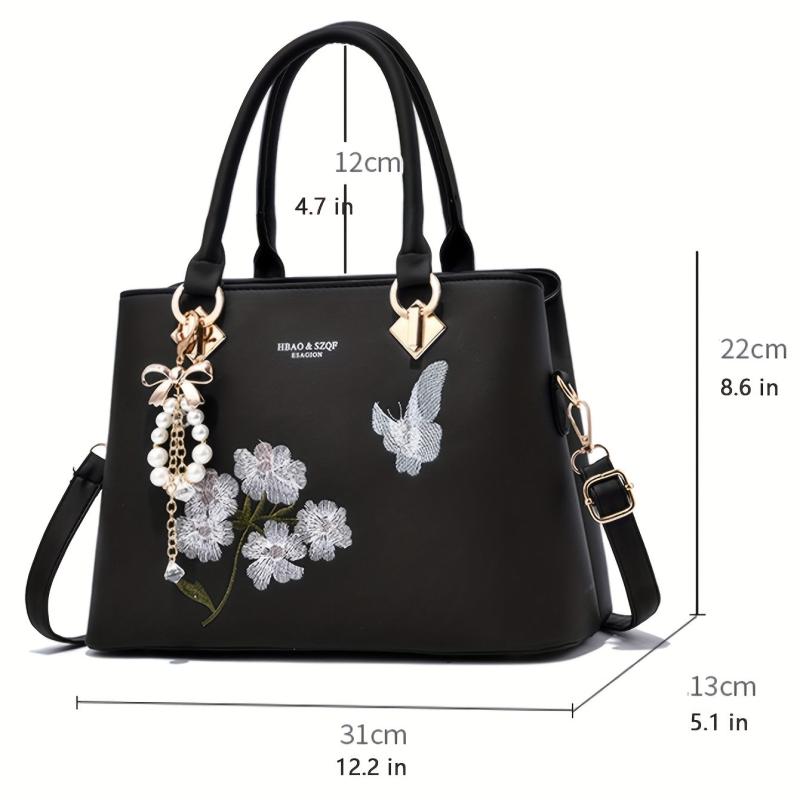 Flower Embroidered Handbag PU Crossbody Bag Women's Satchel