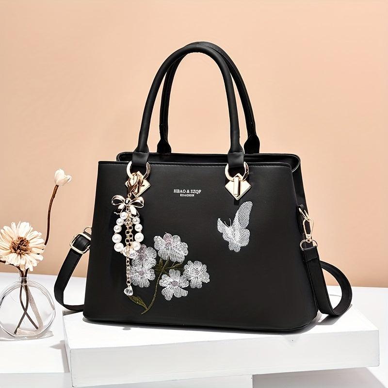 Flower Embroidered Handbag PU Crossbody Bag Women's Satchel