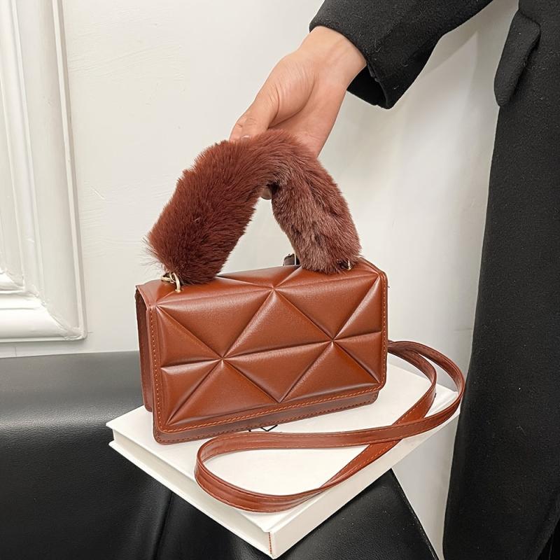 Argyle Quilted Handbag Small Faux Leather Crossbody Bag Plush Handle