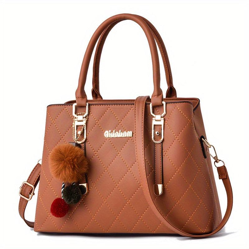 Tote Bag Quilted Detail Satchel Pom Pom Shoulder Bag