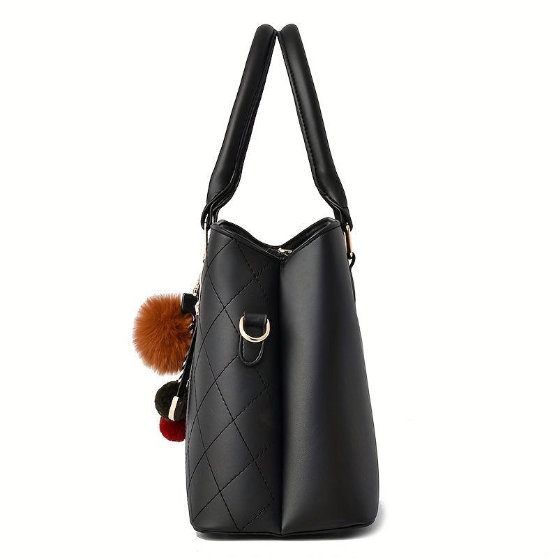 Tote Bag Quilted Detail Satchel Pom Pom Shoulder Bag