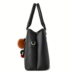 Tote Bag Quilted Detail Satchel Pom Pom Shoulder Bag