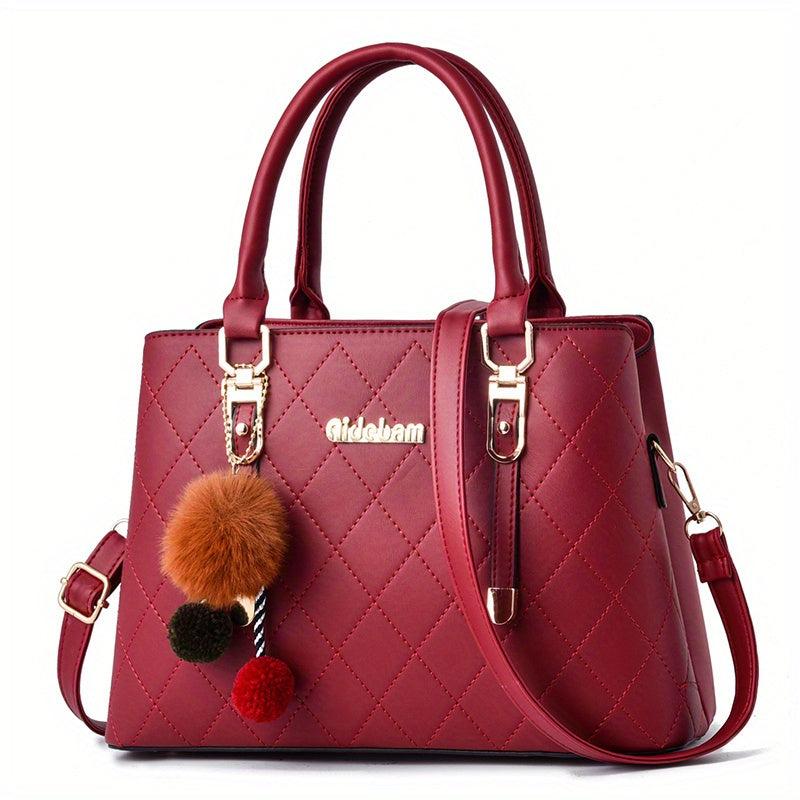 Tote Bag Quilted Detail Satchel Pom Pom Shoulder Bag