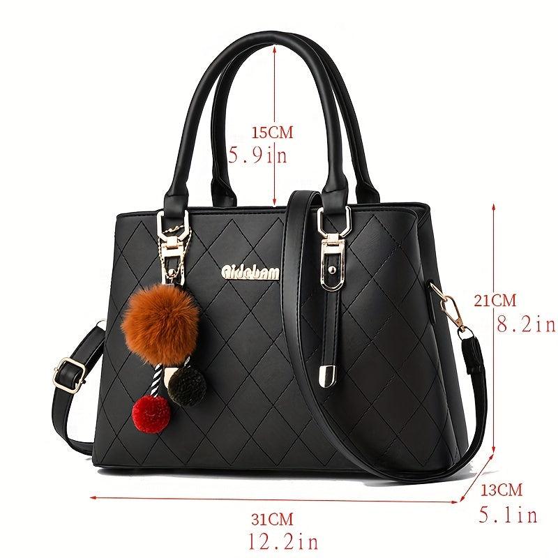 Tote Bag Quilted Detail Satchel Pom Pom Shoulder Bag