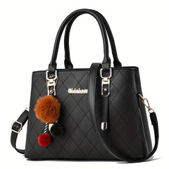 Tote Bag Quilted Detail Satchel Pom Pom Shoulder Bag