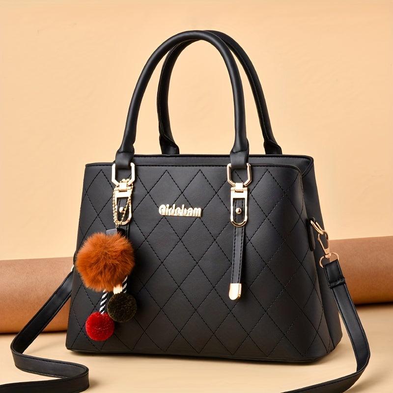 Tote Bag Quilted Detail Satchel Pom Pom Shoulder Bag