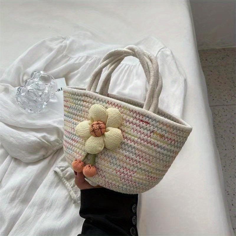 Boho Style Flower Decor Woven Handbag for Summer Beach