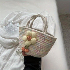 Boho Style Flower Decor Woven Handbag for Summer Beach