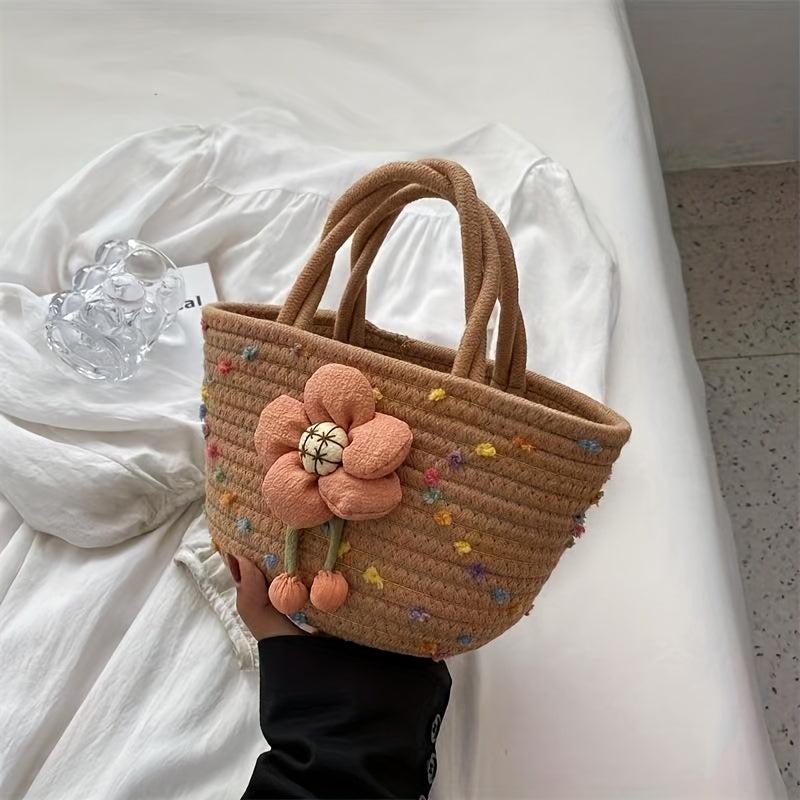 Boho Style Flower Decor Woven Handbag for Summer Beach
