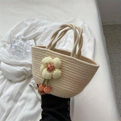Boho Style Flower Decor Woven Handbag for Summer Beach