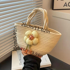 Boho Style Flower Decor Woven Handbag for Summer Beach