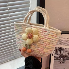Boho Style Flower Decor Woven Handbag for Summer Beach