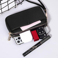 Double Zipper Handbag Women Solid Clutch Bag Small PU Leather Wristlet