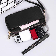 Double Zipper Handbag Women Solid Clutch Bag Small PU Leather Wristlet