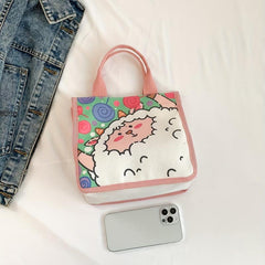 Cartoon Lamb Print Handbag Canvas Tote Bag for Shopping