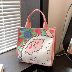 Cartoon Lamb Print Handbag Canvas Tote Bag for Shopping