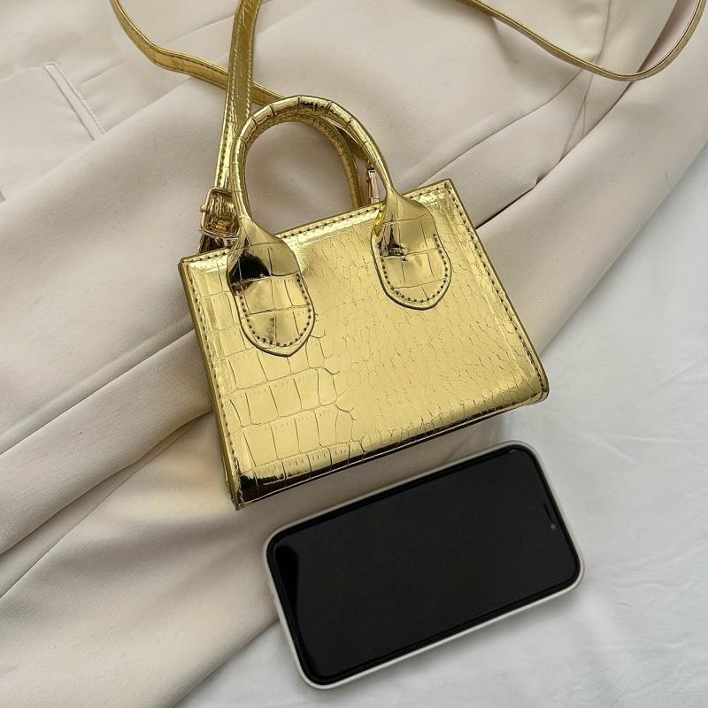 Mini Croc Embossed Crossbody Bag Top Handle Metallic Square Purse