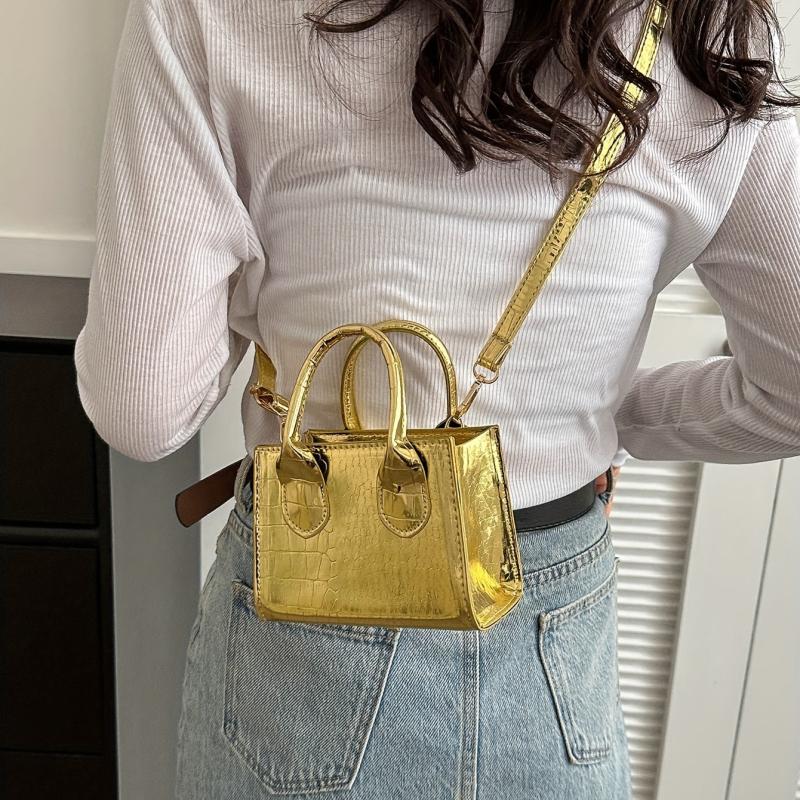 Mini Croc Embossed Crossbody Bag Top Handle Metallic Square Purse