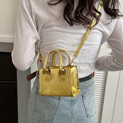 Mini Croc Embossed Crossbody Bag Top Handle Metallic Square Purse