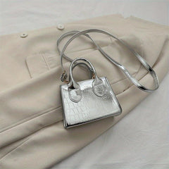 Mini Croc Embossed Crossbody Bag Top Handle Metallic Square Purse
