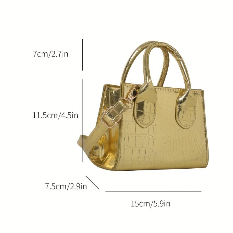 Mini Croc Embossed Crossbody Bag Top Handle Metallic Square Purse