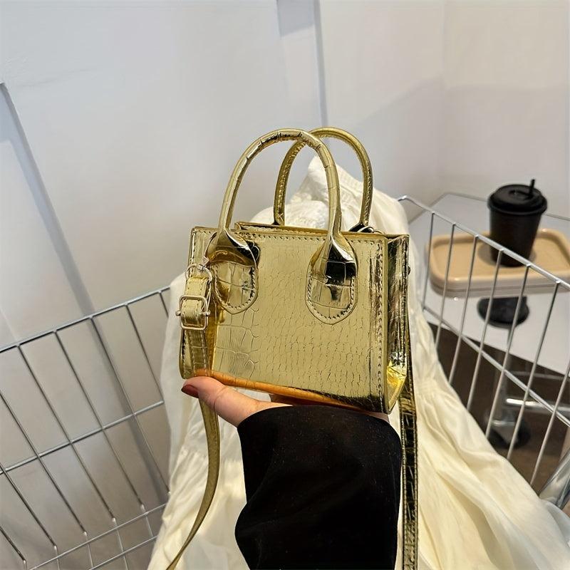 Mini Croc Embossed Crossbody Bag Top Handle Metallic Square Purse