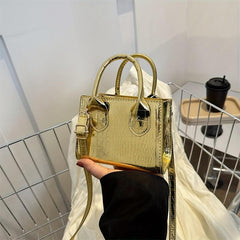 Mini Croc Embossed Crossbody Bag Top Handle Metallic Square Purse