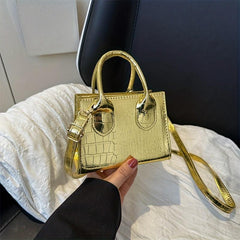 Mini Croc Embossed Crossbody Bag Top Handle Metallic Square Purse
