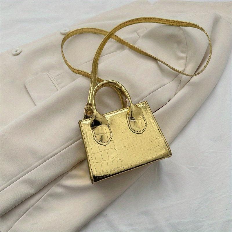 Mini Croc Embossed Crossbody Bag Top Handle Metallic Square Purse