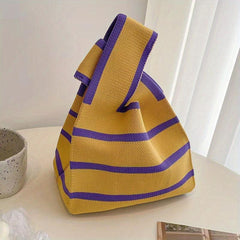 Striped Print Knitted Handbag Foldable Portable Casual Bag