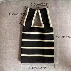 Striped Print Knitted Handbag Foldable Portable Casual Bag