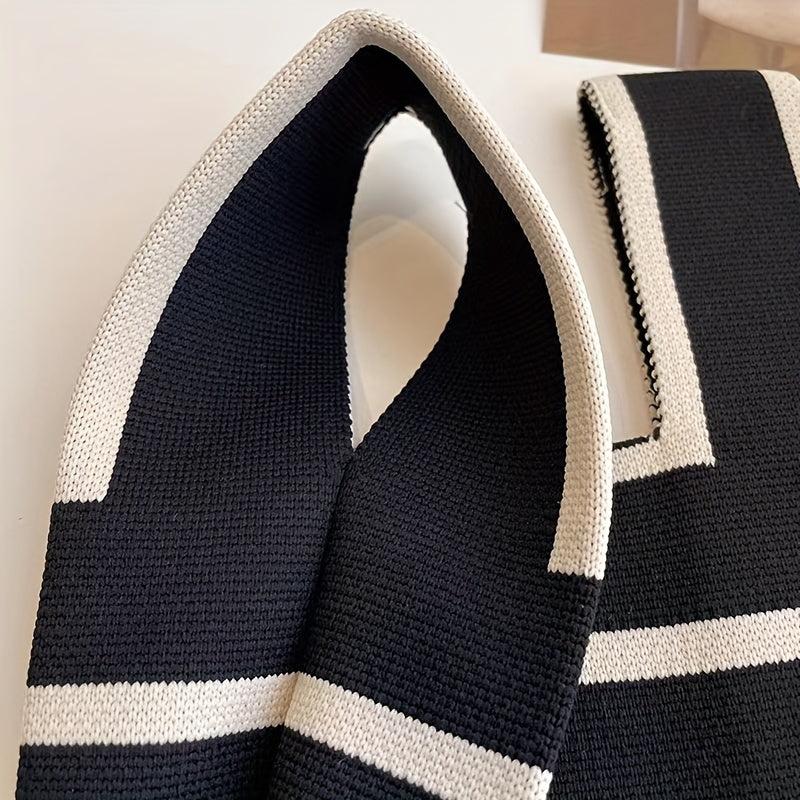 Striped Print Knitted Handbag Foldable Portable Casual Bag