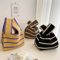 Striped Print Knitted Handbag Foldable Portable Casual Bag
