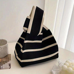Striped Print Knitted Handbag Foldable Portable Casual Bag