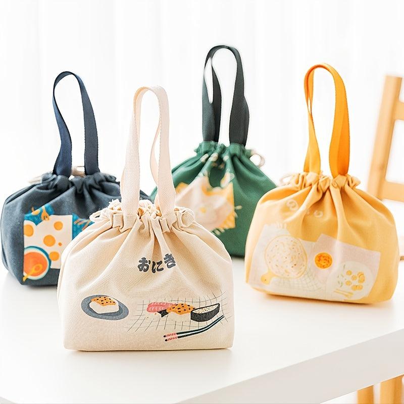 Cartoon Pattern Canvas Hand Bag Portable Lunch Box Bag Drawstring Handbag