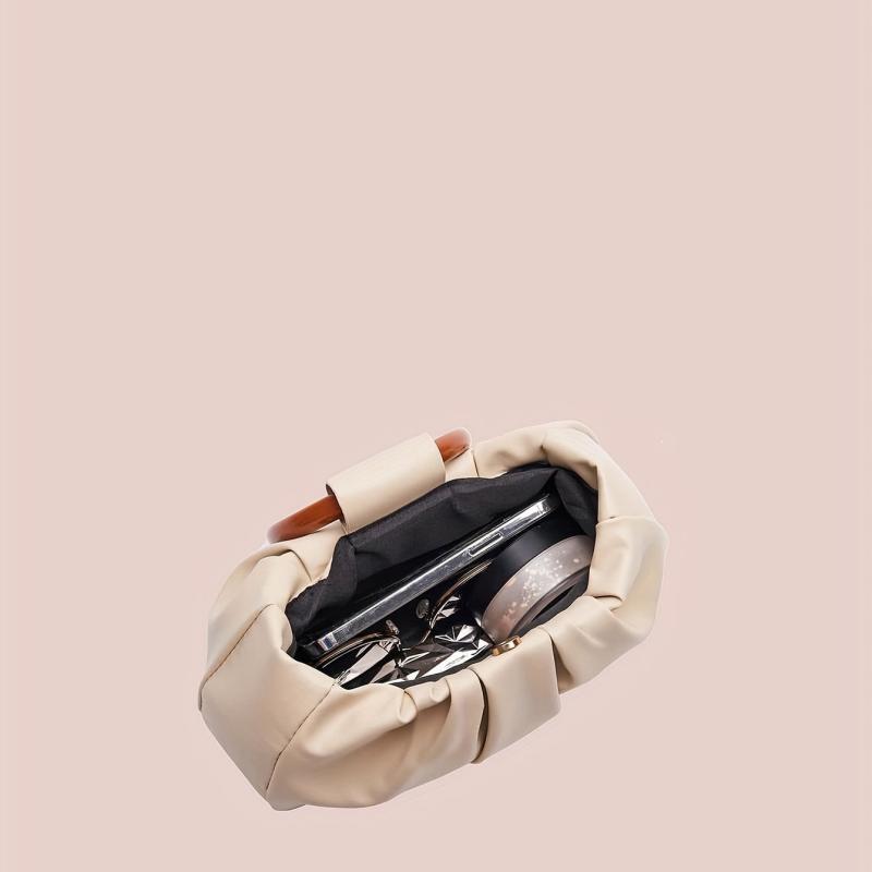 Cloud Ruched Handbags Round Handle Clutch Purse Faux Leather Bag