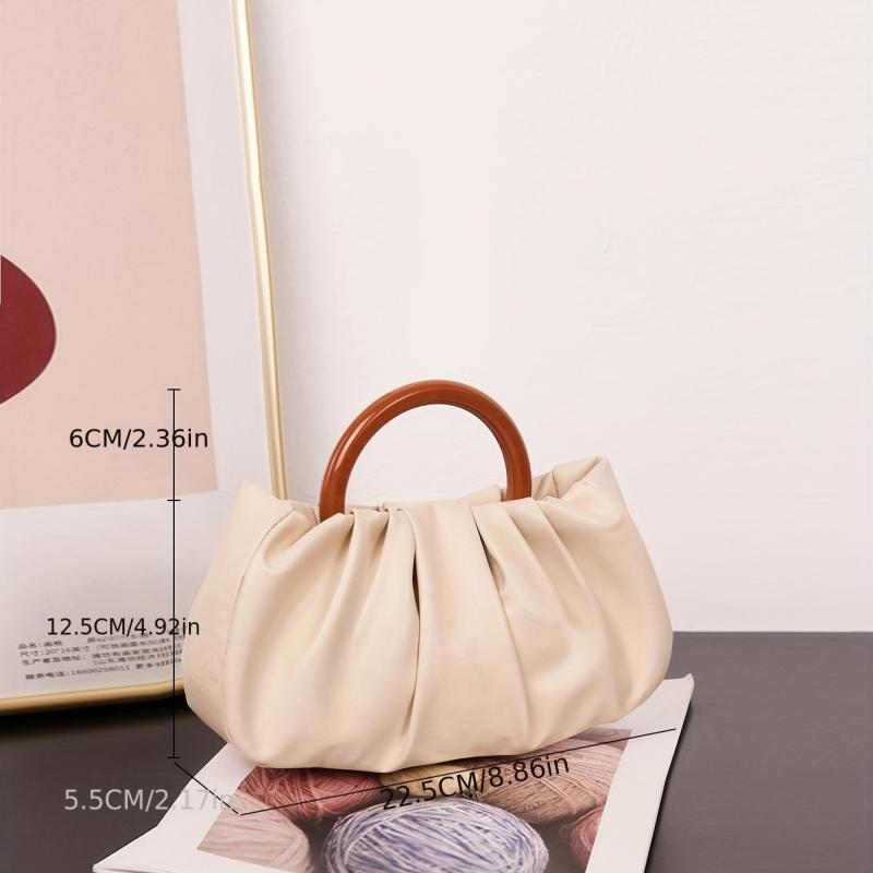 Cloud Ruched Handbags Round Handle Clutch Purse Faux Leather Bag