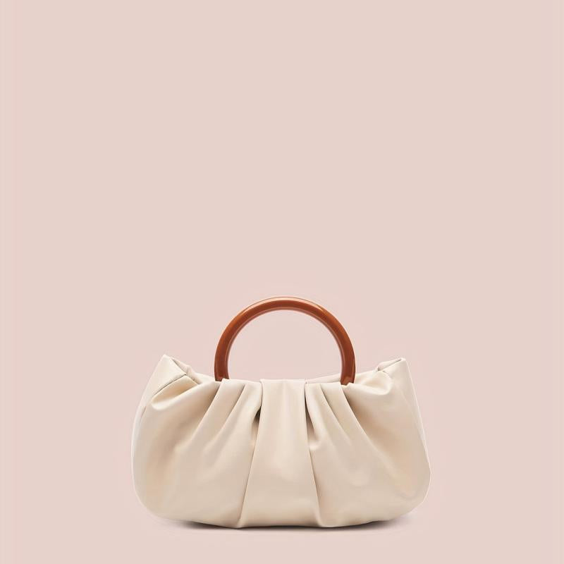 Cloud Ruched Handbags Round Handle Clutch Purse Faux Leather Bag