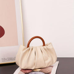 Cloud Ruched Handbags Round Handle Clutch Purse Faux Leather Bag