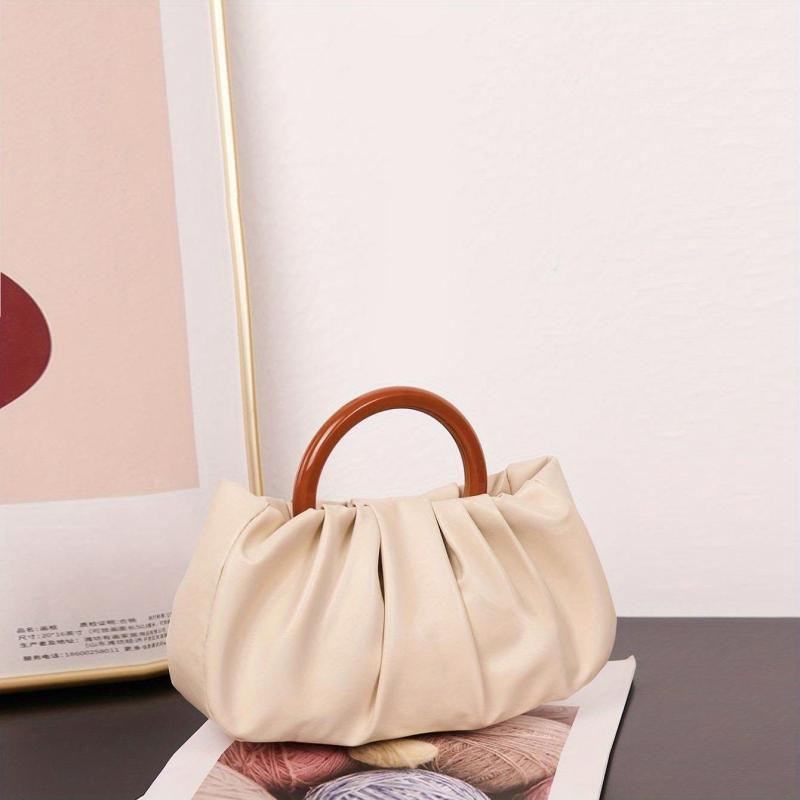 Cloud Ruched Handbags Round Handle Clutch Purse Faux Leather Bag