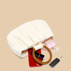 Pleated Handbag Jacquard Fabric Wooden Handheld Bag