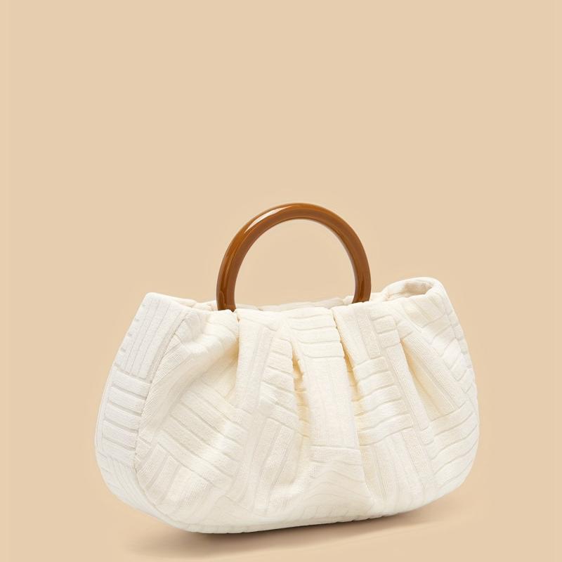 Pleated Handbag Jacquard Fabric Wooden Handheld Bag