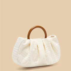 Pleated Handbag Jacquard Fabric Wooden Handheld Bag