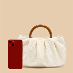 Pleated Handbag Jacquard Fabric Wooden Handheld Bag